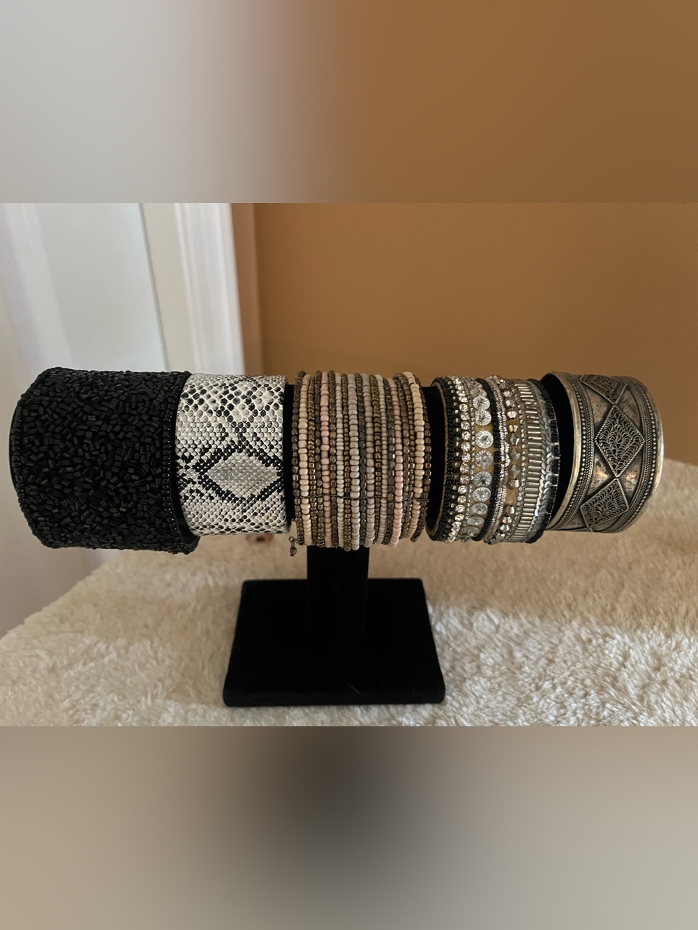 Neutral Bead and Silver Toned Lot of Cuff Bracelets